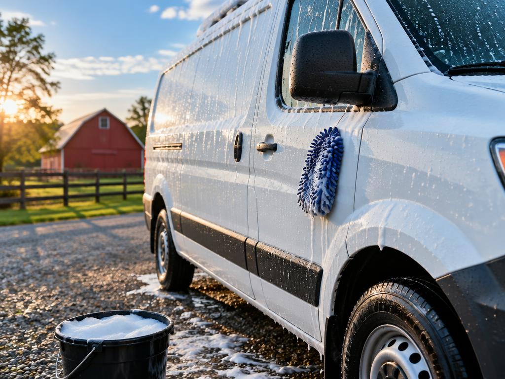 White work van covered in wash foam on a gravel driveway