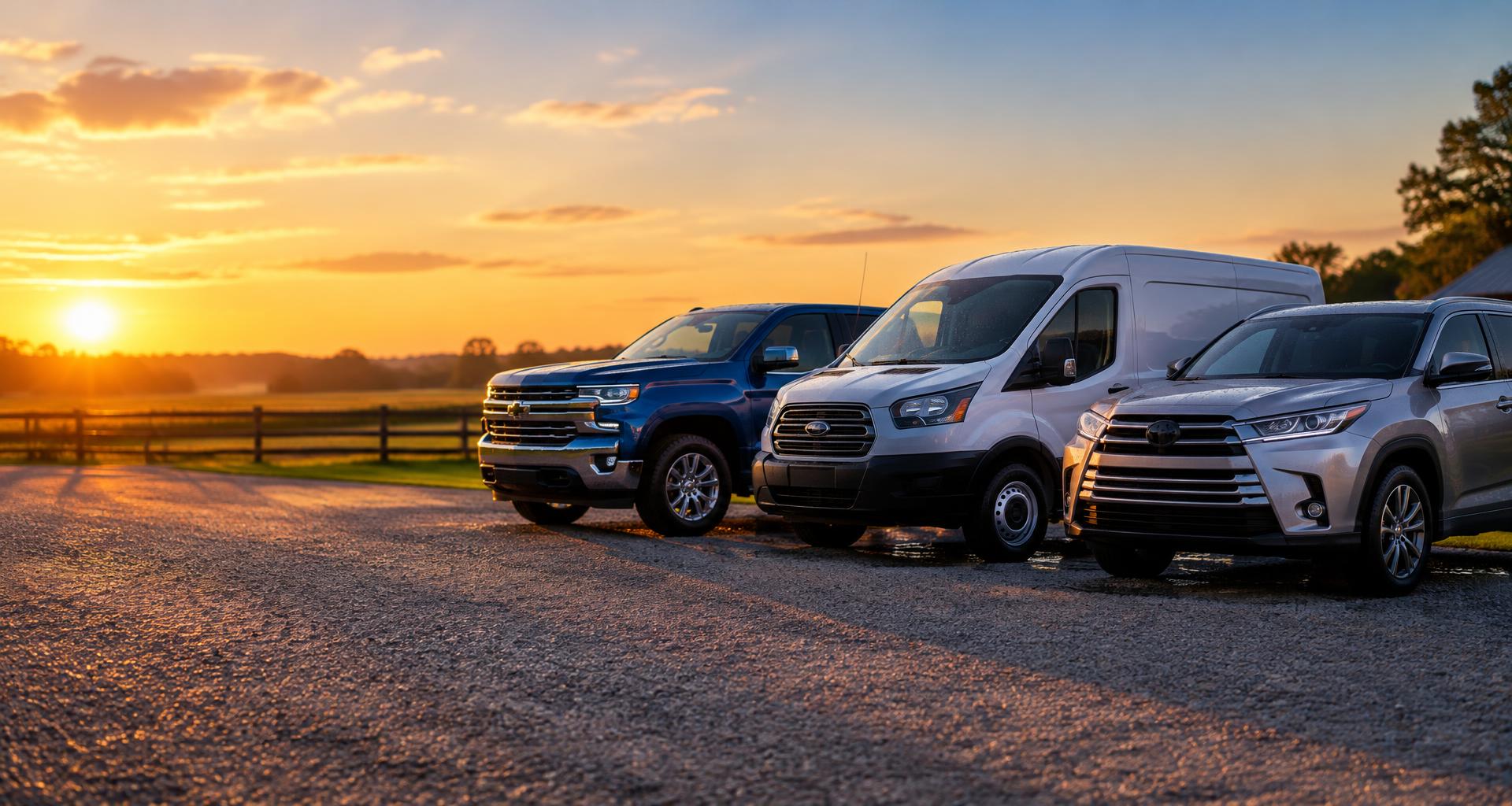 A pickup truck, a work van, and an SUV, freshly detailed side by side on a gravel driveway at sunset